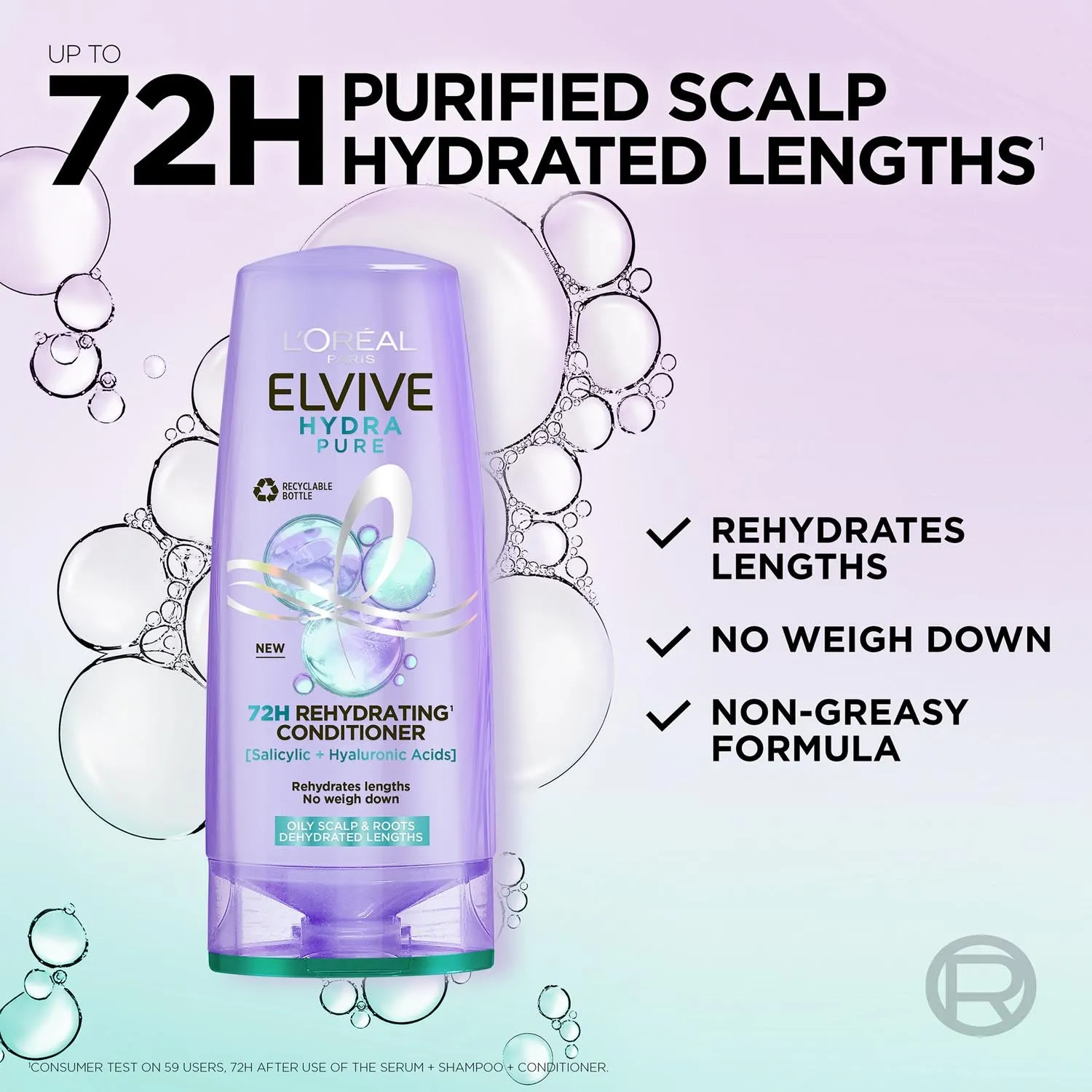 Elvive Hydra Pure 72h Rehydrating Conditioner for Oily Scalp & Dehydrated Lengths 300ml