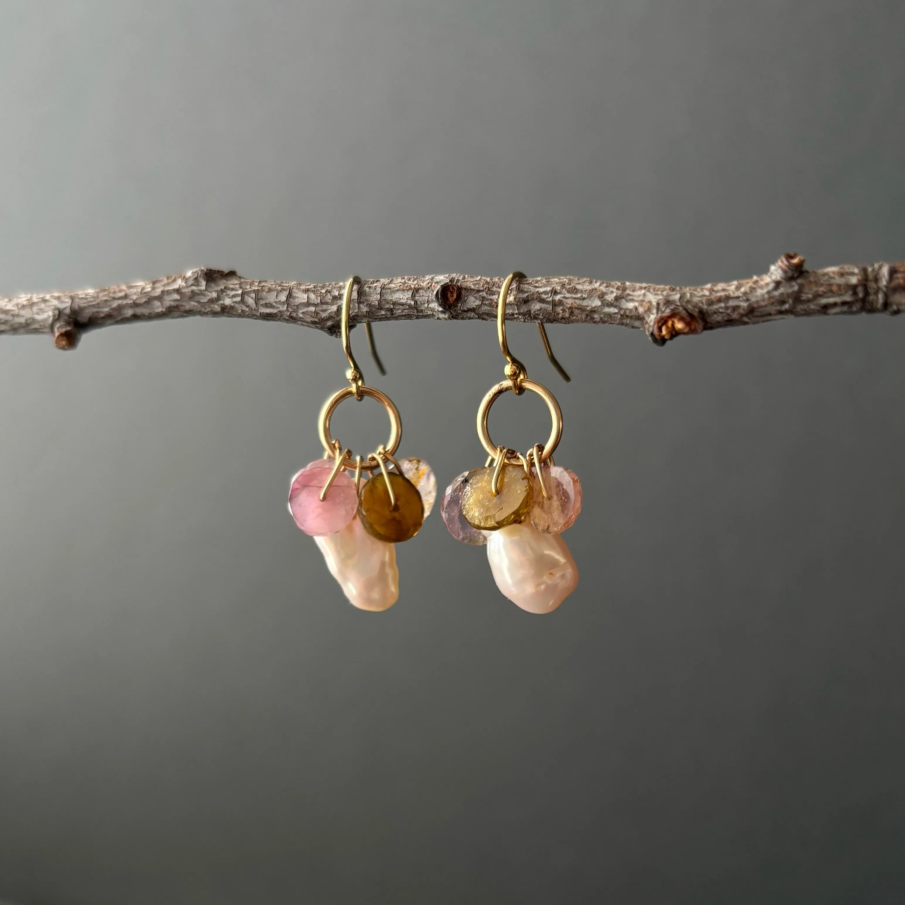 tourmaline wheels with pale pink pearl "peek a boo" earrings