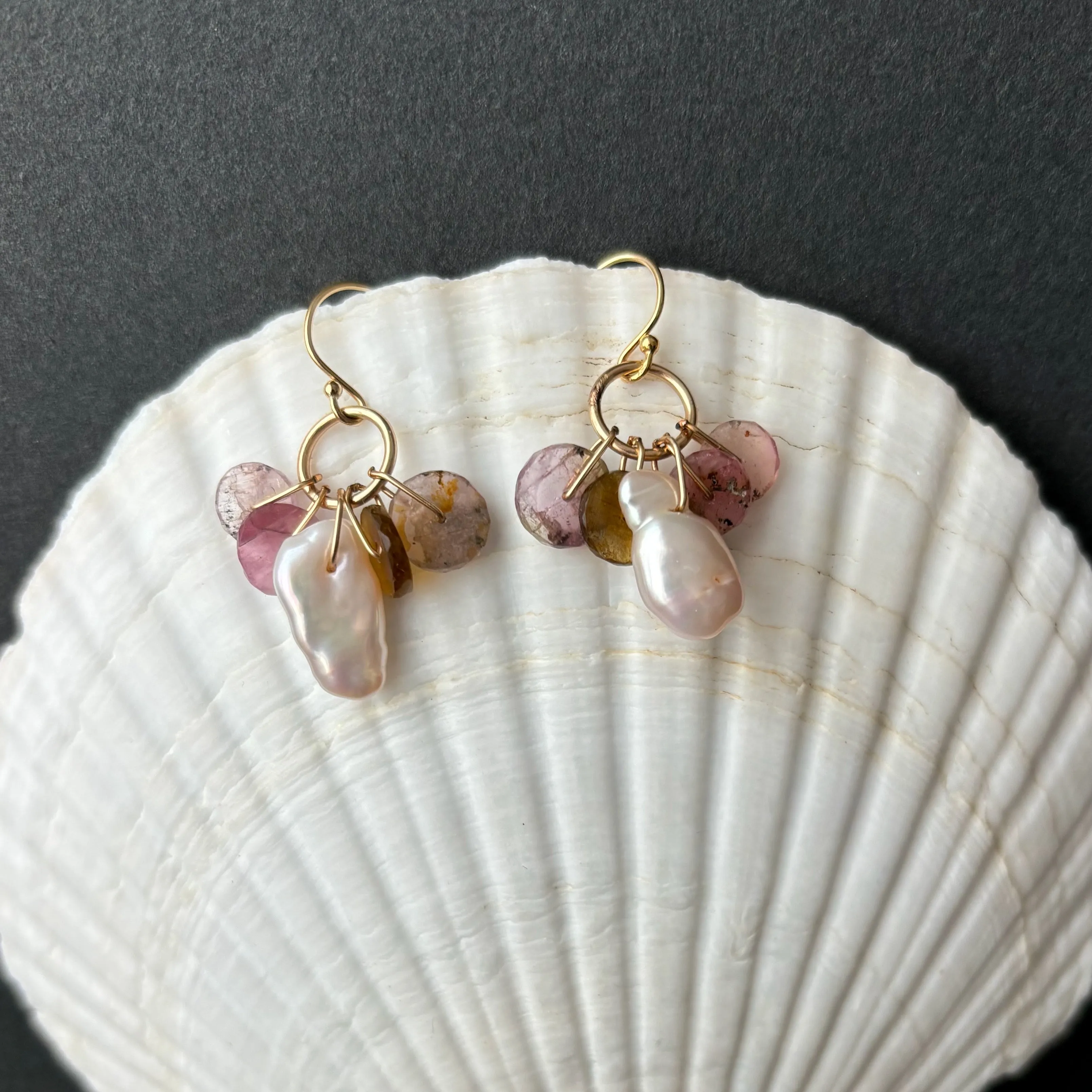 tourmaline wheels with pale pink pearl "peek a boo" earrings