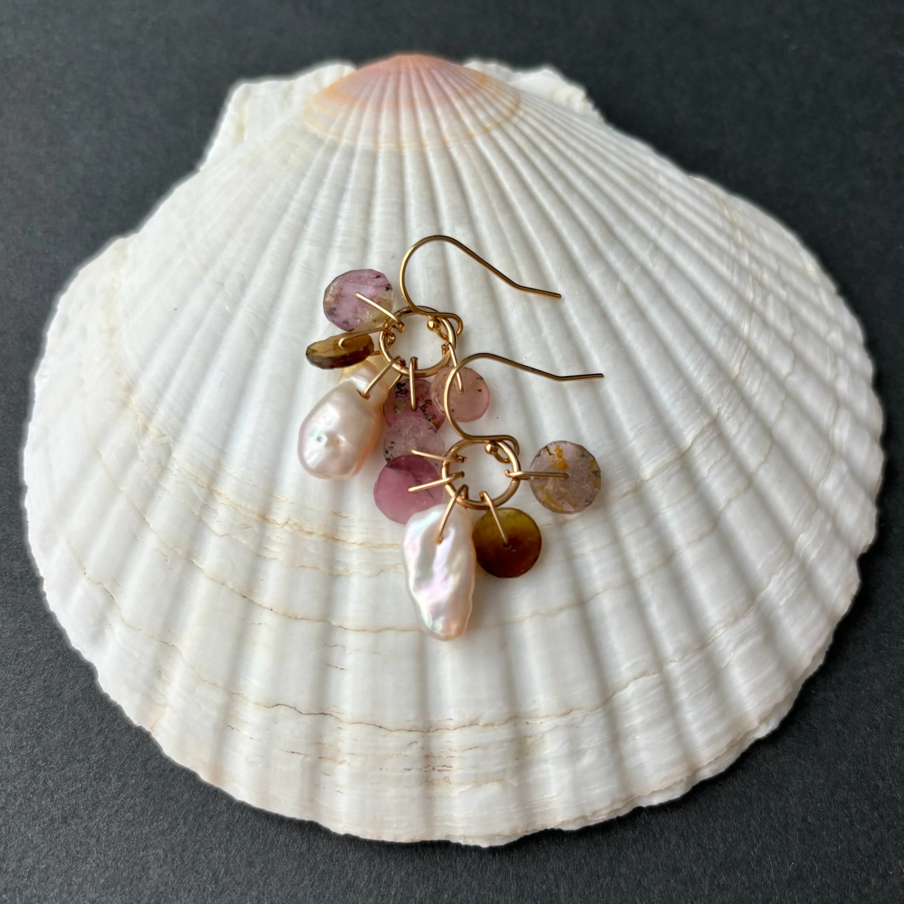 tourmaline wheels with pale pink pearl "peek a boo" earrings